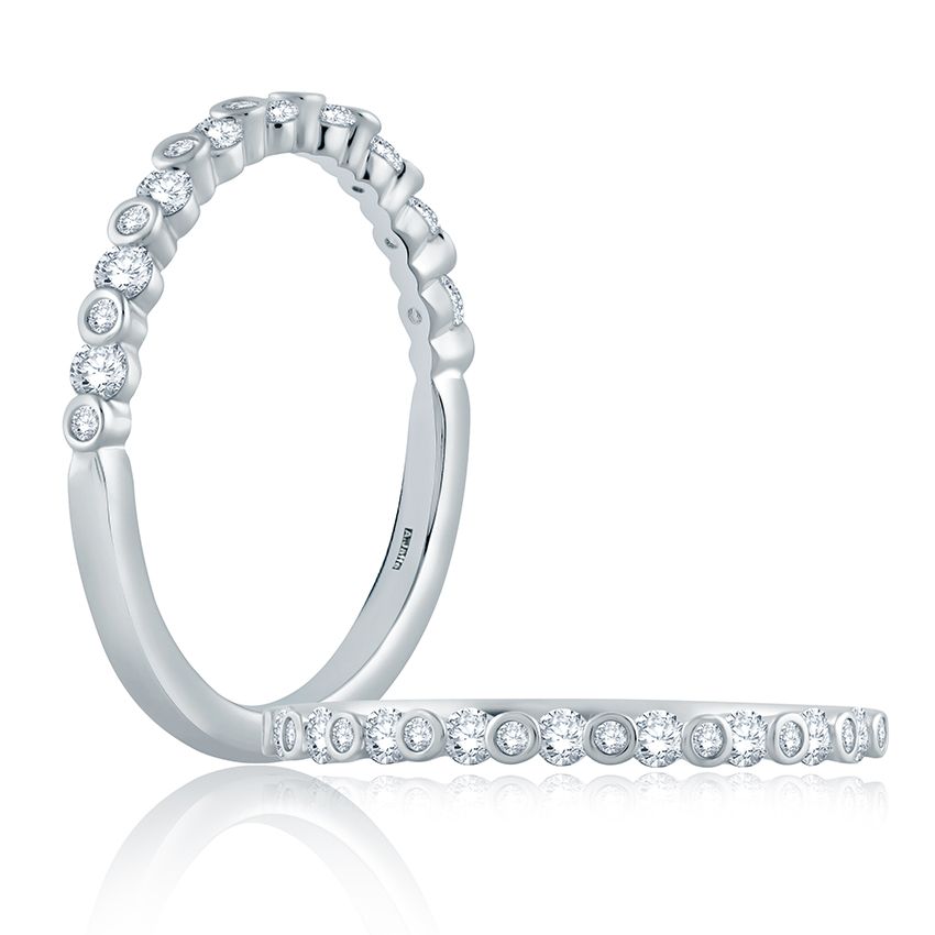 14K white gold band with round diamonds.