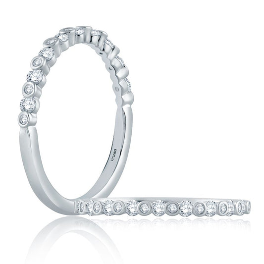 14K white gold band with round diamonds.