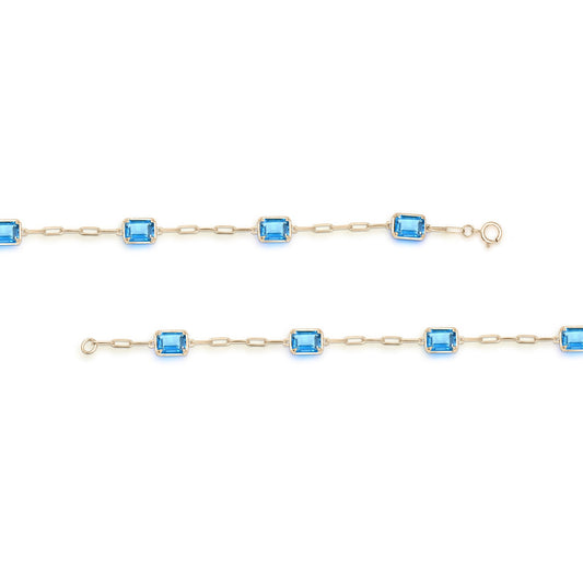 Emerald Blue Topaz bracelet, yellow gold paperclip design.