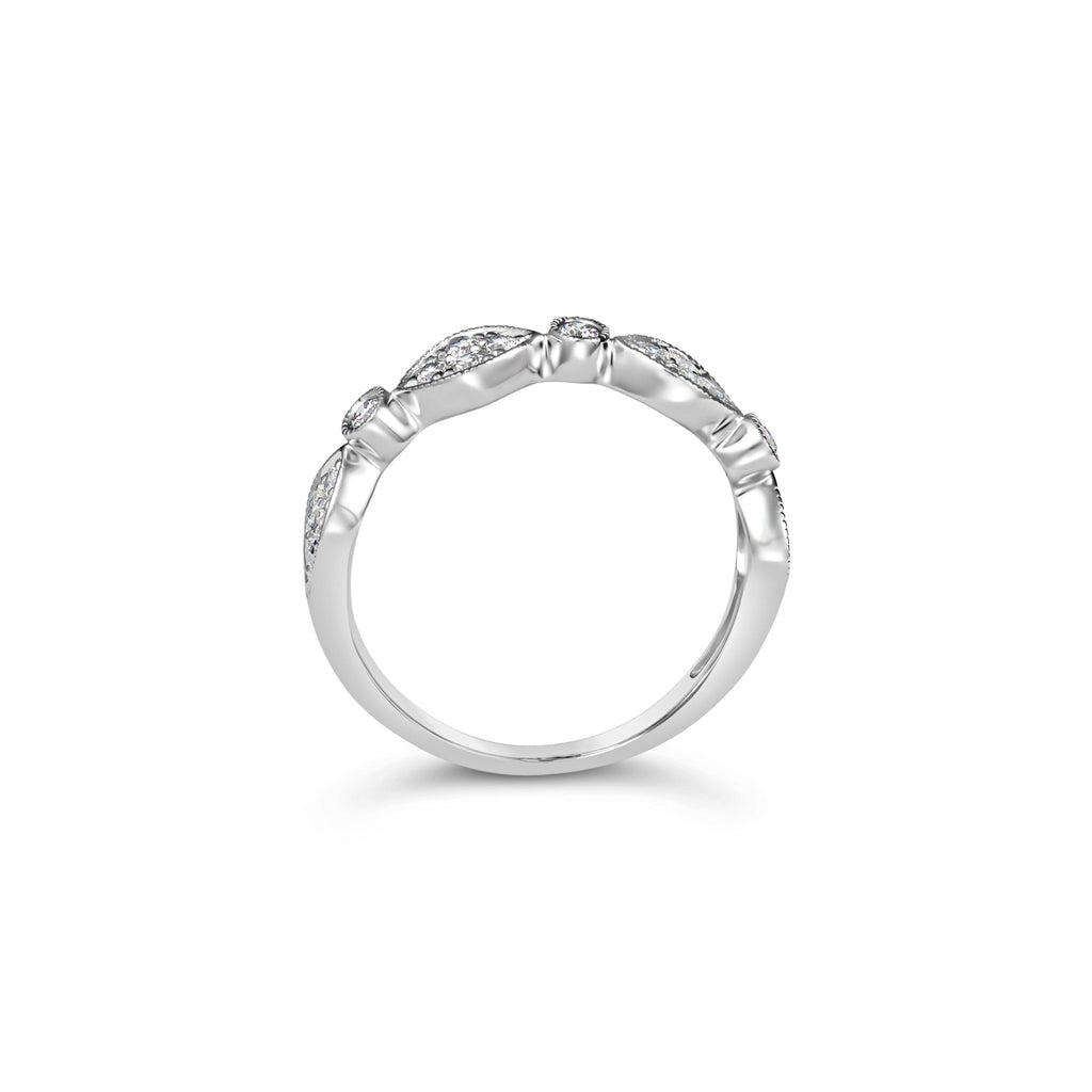 14K white gold band with round diamonds.