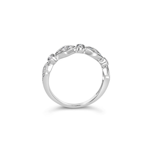 14K white gold band with round diamonds.