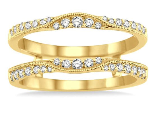 Yellow gold band with round diamonds.
