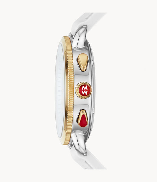 Gold-accented stainless steel watch side view.