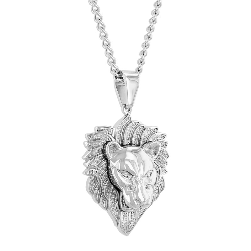 Lion head pendant, stainless steel, diamond accents.