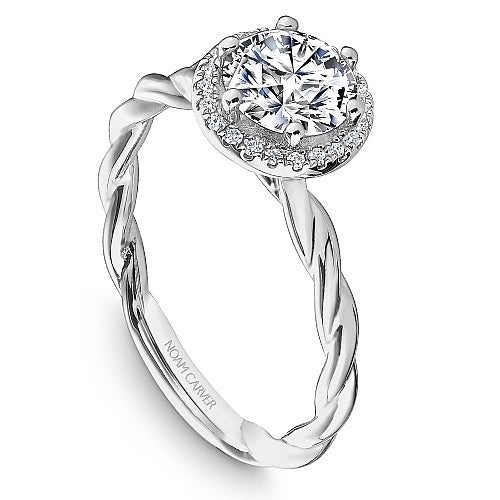 Twisted band halo diamond engagement ring.