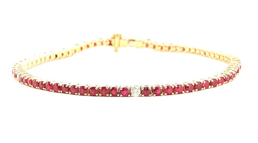Color Gemstone Bracelet in 14 Karat Yellow with 69 Round Rubies 4.83ctw
