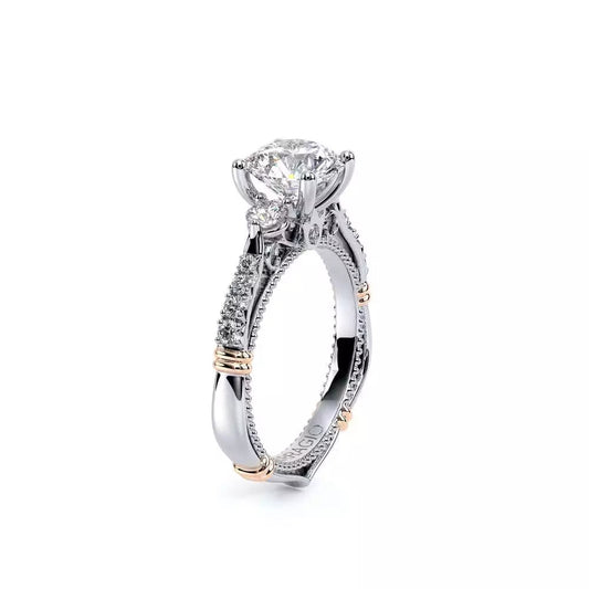 White and rose gold diamond engagement ring.