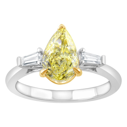 Side Stone Lab-Grown Diamond Complete Engagement Ring in 14 Karat White with 1 Pear Lab Grown Diamond, Color: Intense Yellow, Clarity: VS1, totaling 1.57ctw