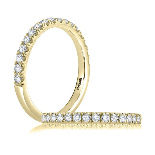 Yellow gold band with round diamonds.