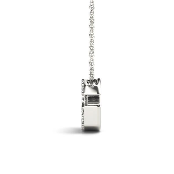 Side view diamond necklace in white gold.
