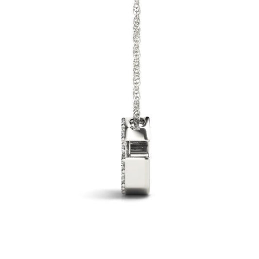 Side view diamond necklace in white gold.