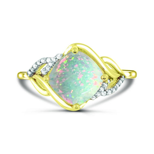 Cushion opal ring with diamond halo.