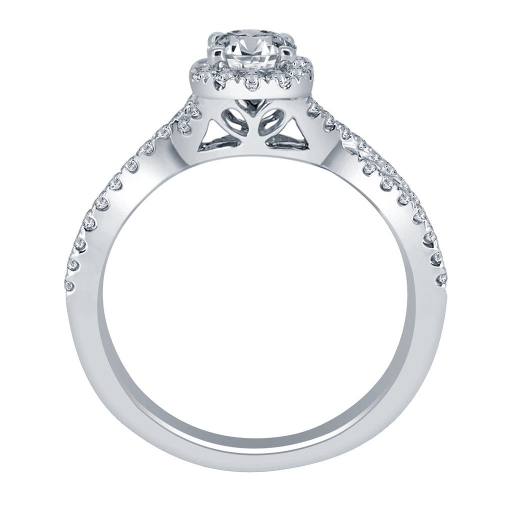 Halo engagement ring with lab-grown diamonds.