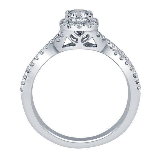 Halo engagement ring with lab-grown diamonds.