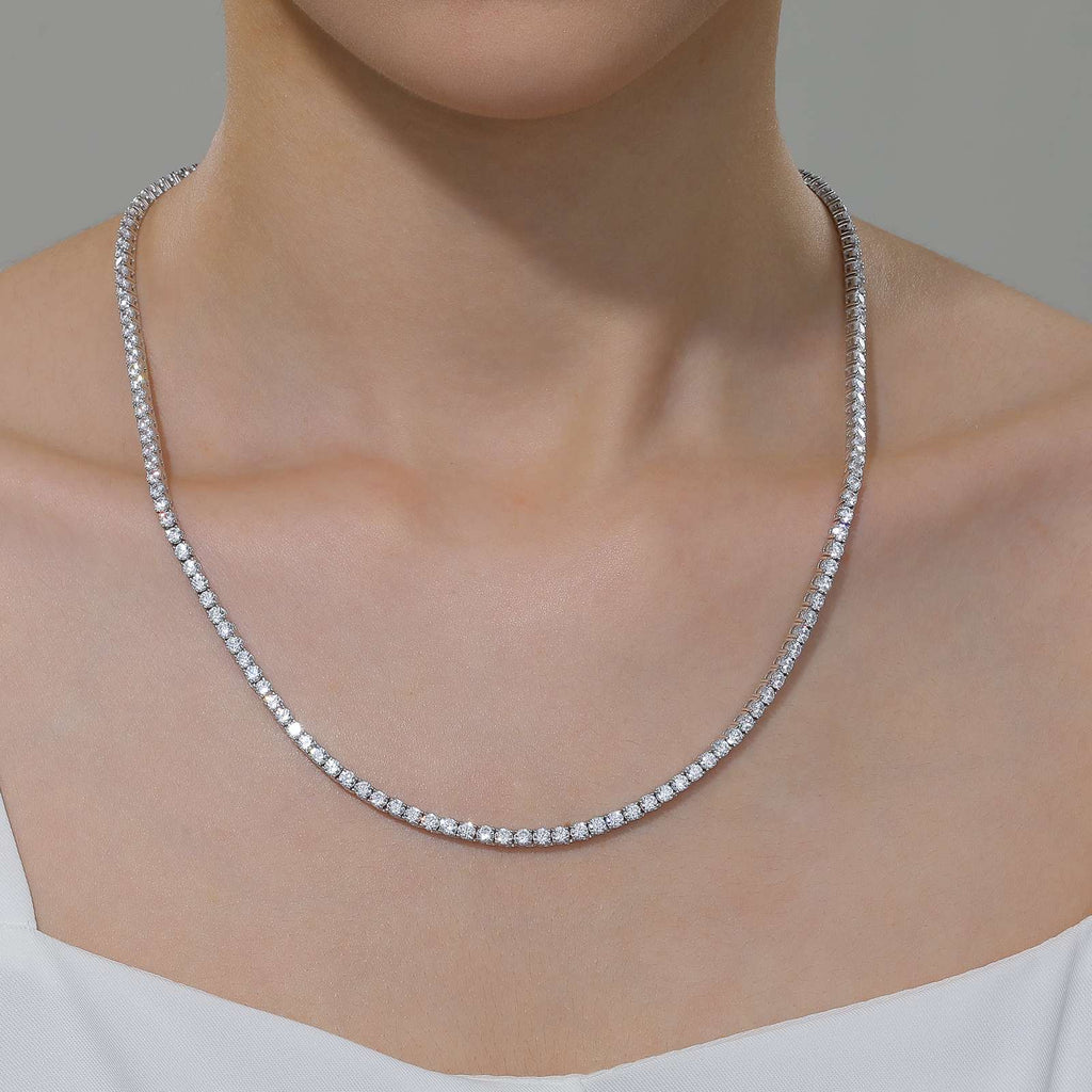 Simulated diamond tennis necklace in platinum silver.