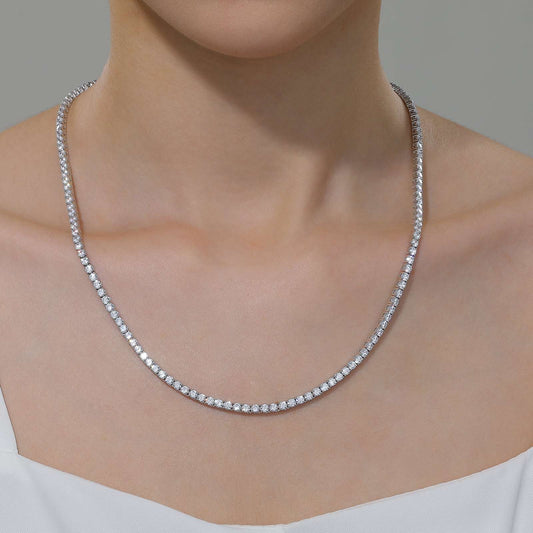 Simulated diamond tennis necklace in platinum silver.