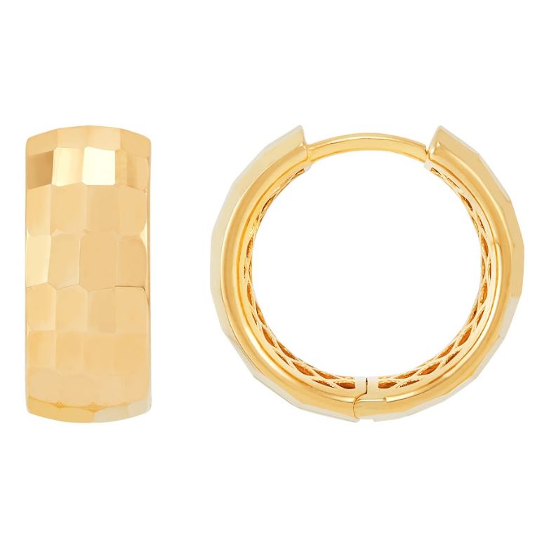 14K yellow gold textured huggie earrings.
