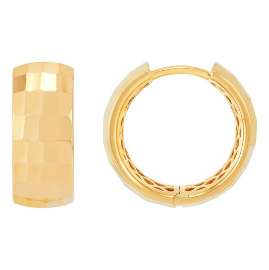 14K yellow gold textured huggie earrings.