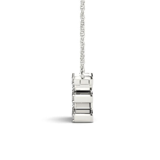 14K white gold diamond necklace side view.