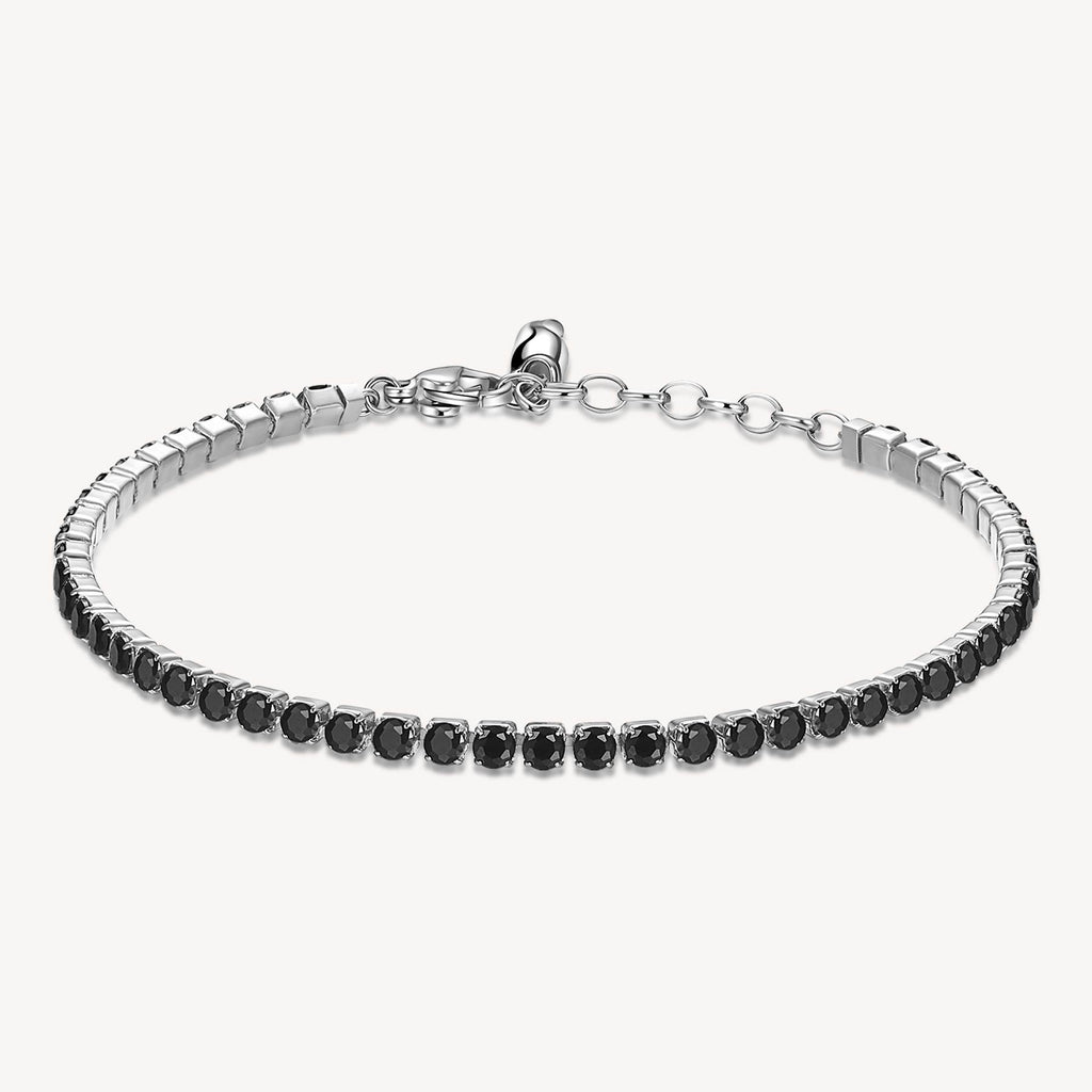 Stainless steel bracelet with black gemstones.