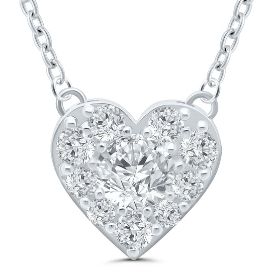 Heart-shaped white gold necklace with diamonds.
