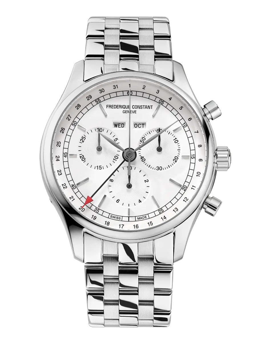 Stainless steel chronograph watch with white dial.