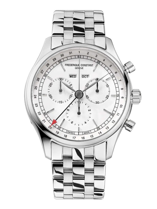 Stainless steel chronograph watch with white dial.