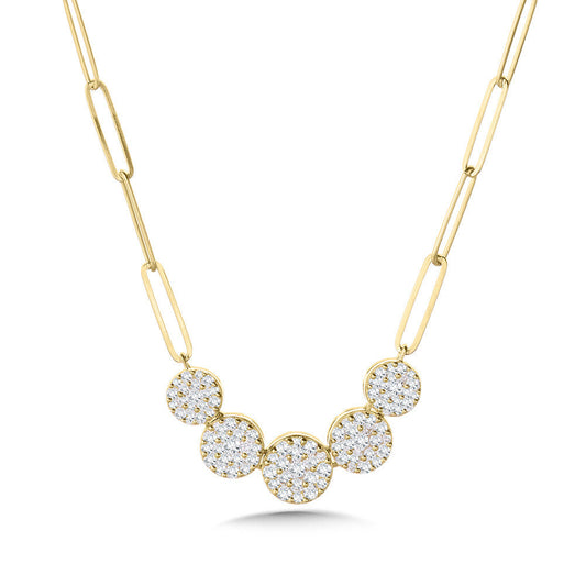 Yellow gold necklace with round diamond clusters.