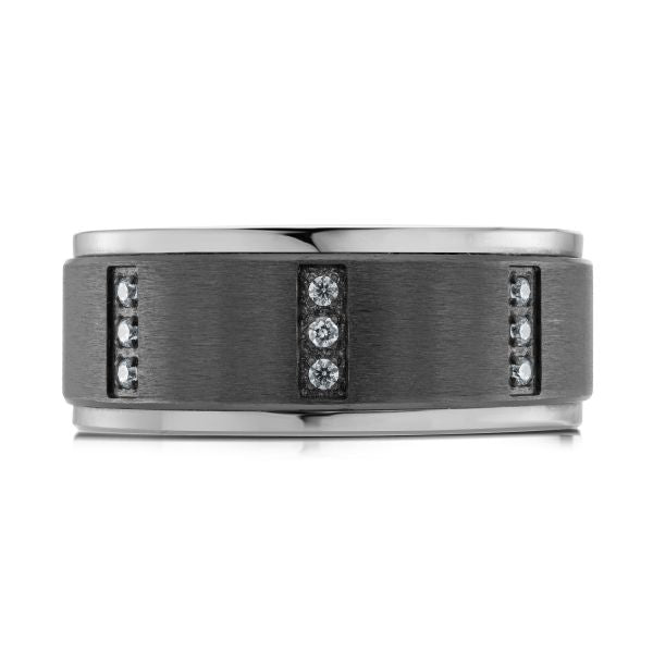 Tantalum band with diamond accents, black-white design.