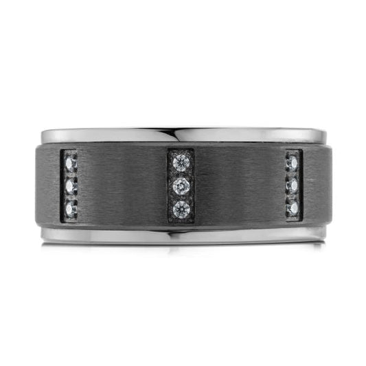 Tantalum band with diamond accents, black-white design.