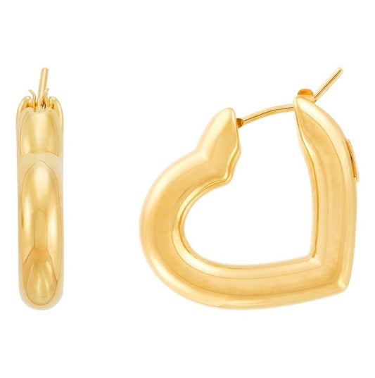 14K yellow gold heart-shaped hoop earrings.