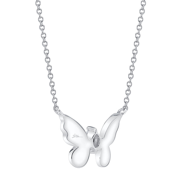 Butterfly-shaped diamond necklace in white gold.
