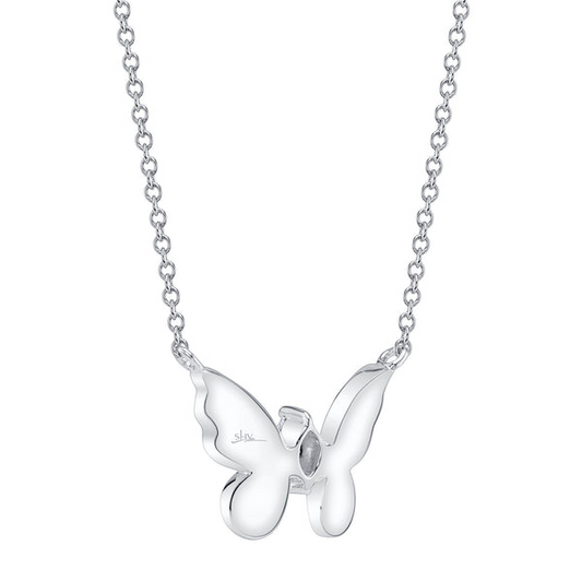 Butterfly-shaped diamond necklace in white gold.