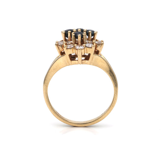 14K yellow gold ring with sapphires, diamonds.