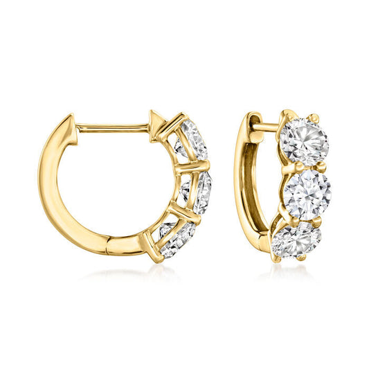 14K gold huggie earrings, three diamonds.