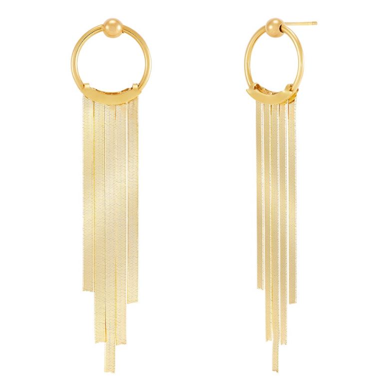 14K yellow gold dangle earrings, fringe design.