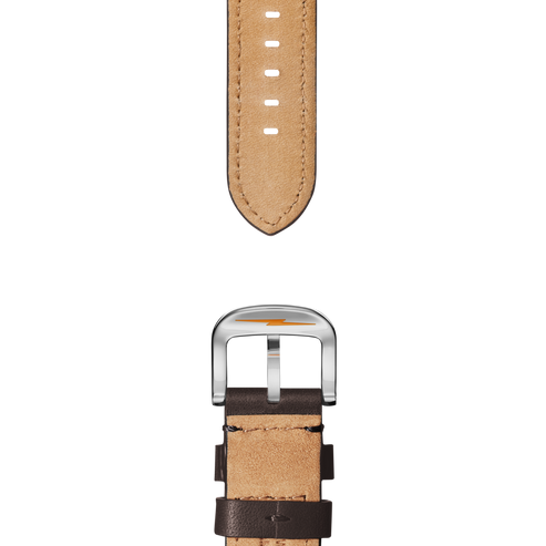 Brown leather watch band with silver tang buckle.