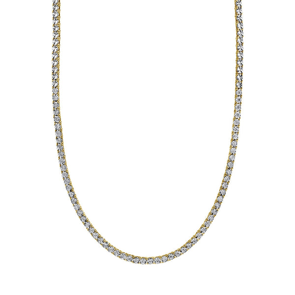 Gold necklace with round diamond accents.