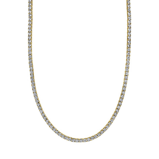 Gold necklace with round diamond accents.