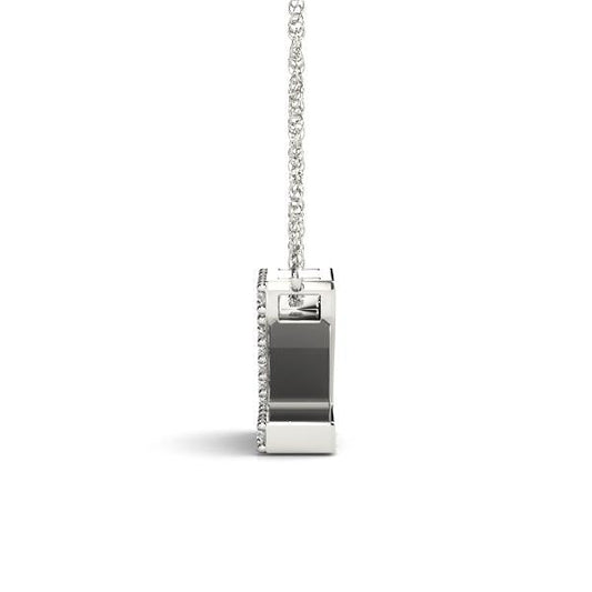 Side view of diamond pendant necklace.