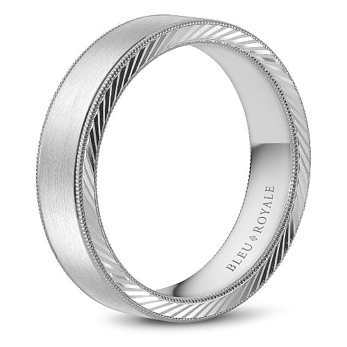 14K white gold band, carved design.
