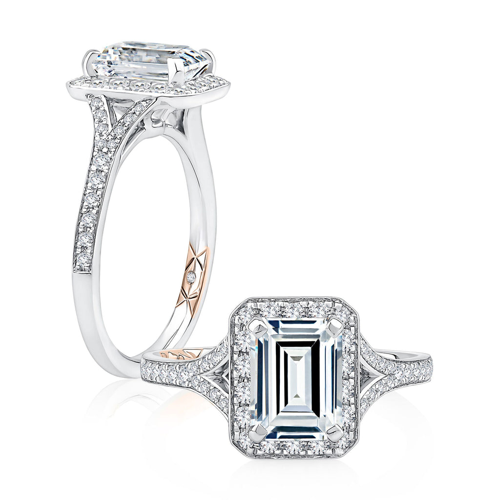 White-rose gold diamond halo engagement ring.