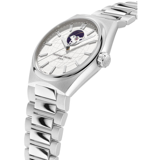 Stainless steel watch with open-heart dial.