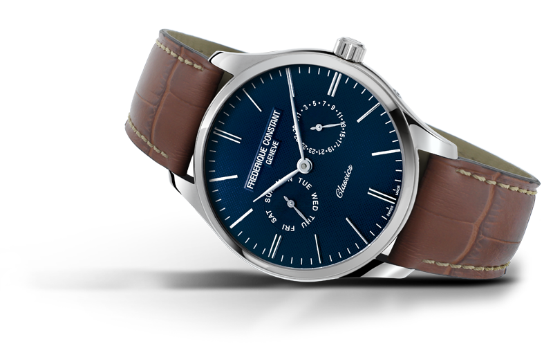 Blue dial, stainless steel, brown leather band.