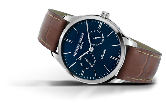 Blue dial, stainless steel, brown leather band.