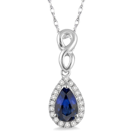 Pear sapphire necklace with diamond halo.