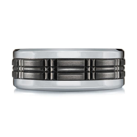 Tantalum titanium carved band, black grey design.