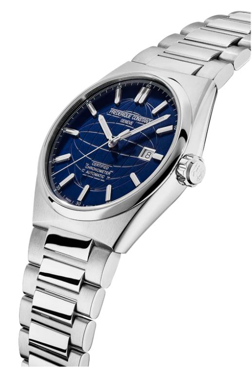 Stainless steel watch with dark blue dial.