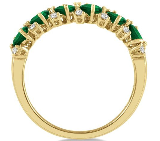 14K yellow band with emeralds, diamonds.