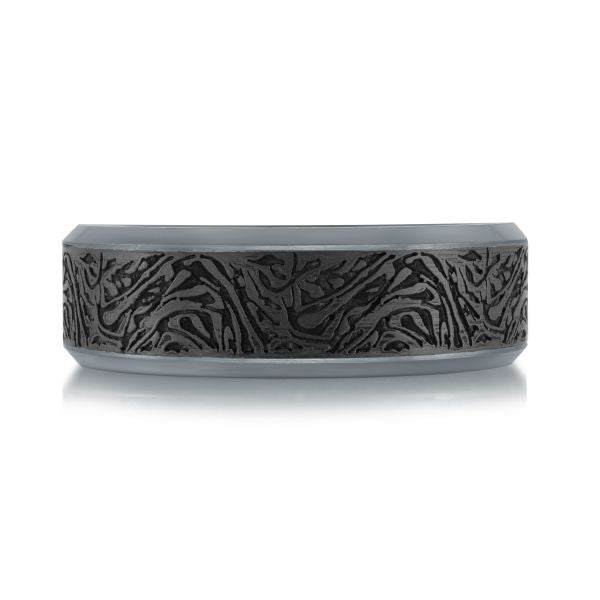 Carved black-grey tantalum carbon fiber band.